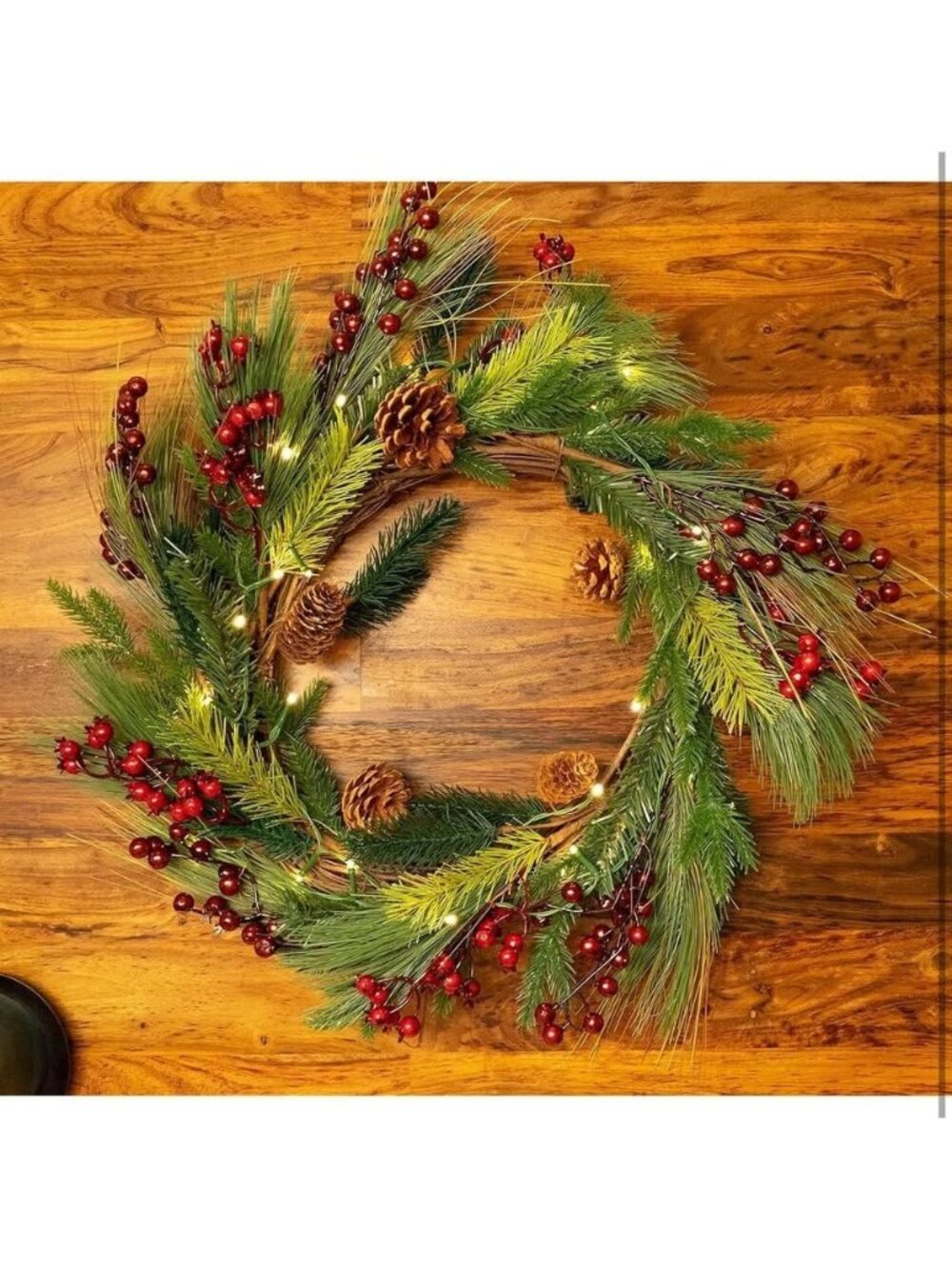 Red Co 22” Light-Up Christmas Wreath w/ Pinecones & Evergreens, Battery-Operated